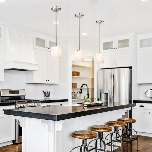 4 1-Light Edvivi Brushed Nickel Pendant Light, in. Mini Hanging Light Fixture with Square Shaped White Glass Shade