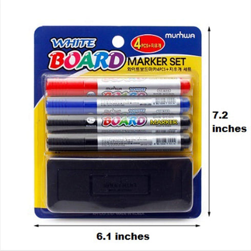 Premium Dry Erase Markers with Eraser Set - 4 White Board Markers in 3 Colors (Black, Red, Blue)