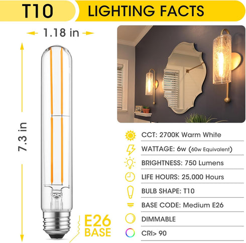 Gozelux Dimmable E26 Bulb 6W 60 Bulbs AC120V 2700K 60 750LM T10 Bulb Pack 6 Light Equal watt LED Light Warm White