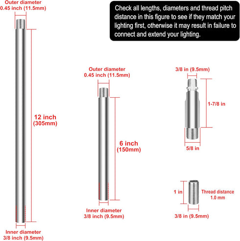 8 M10 180 Pieces Threaded Extension Poles Lighting Fixture Downrods Stems & Degrees Sloped Ceiling Adapter Kits