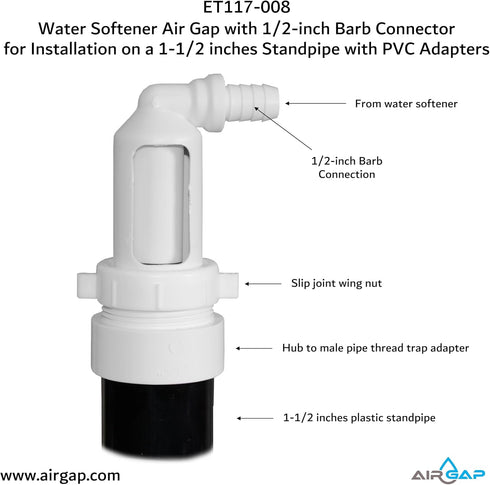 Water Softener Air Gap with 1/2-inch Barb Connector for Installation on 1-1/2-inch Standpipe with PVC Trap Adapters