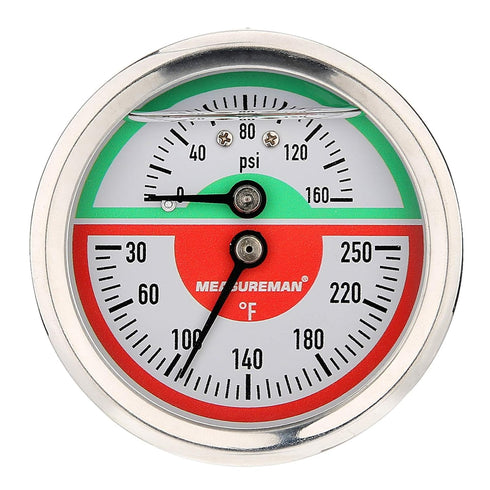 MEASUREMAN Tridicator, Thermo-Manometer, 2-1/2", Silicone Oil Filled, 0-160psi/30-250 deg F, Stainless Steel Case