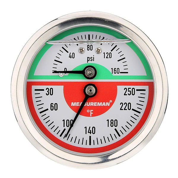MEASUREMAN Tridicator, Thermo-Manometer, 2-1/2", Silicone Oil Filled, 0-160psi/30-250 deg F, Stainless Steel Case