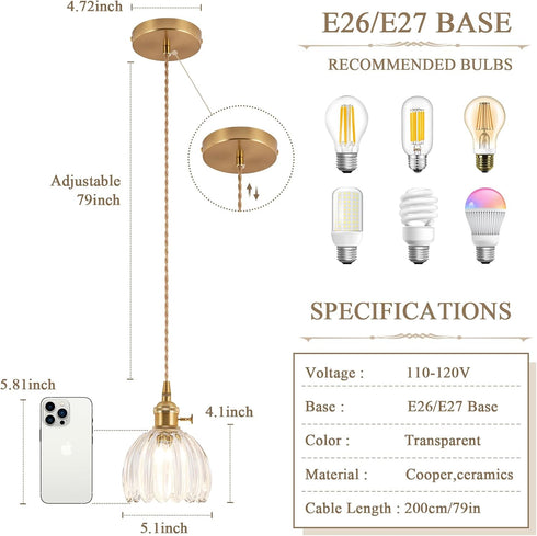 5.1Inch E26 Pendant Light Fixtures,Mini Hanging Lights Transparent Glass Vintage Pendant Light for Bedroom Living Room