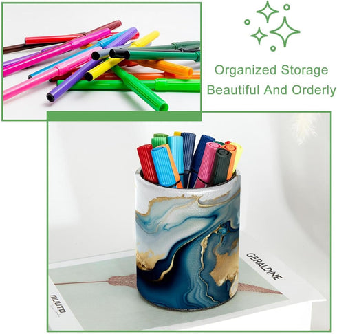 PU Leather Circular Pen Holder, Abstract Blue Gold Marble Desk Organizer with Flannel Lining for Office & Home