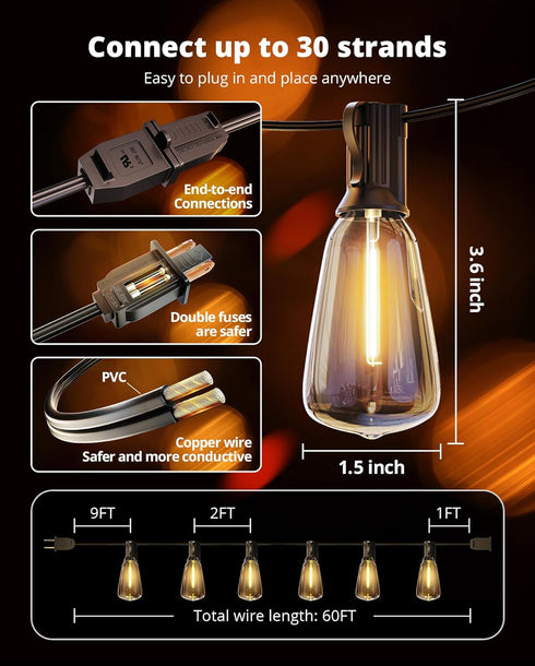 60FT 26+2 ST38 Bulbs, 2700K VIPAR Outdoor String Lights LED Patio Lights LED Waterproof with Shatterproof Edison