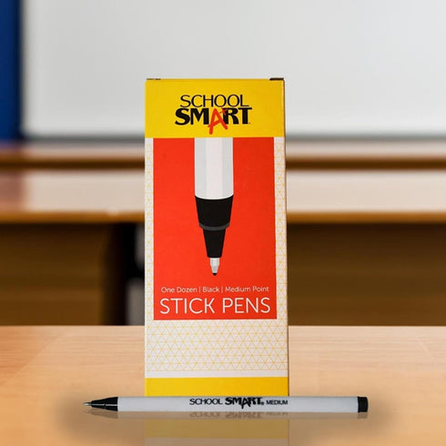 School Smart Round Stick Pen, Medium Tip, Black, Pack of 12