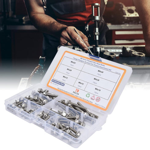 Flanged Hex Head Bolts Assortment Kit, 70 Pcs M5 Flange Hexagon Screws, Stainless Steel Hardware Accessory