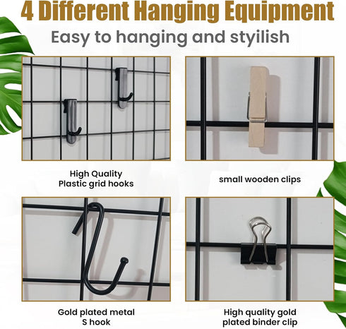 Metal Grid Wall Panel, 17.3"×11.8" Wire Photo Display Organizer, 4-Pack Memo Board with Clips and Hooks