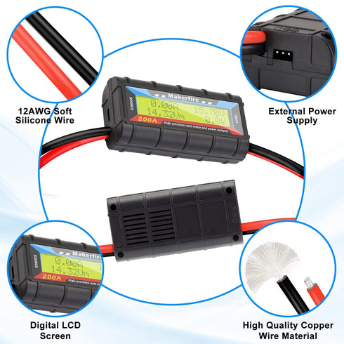 Makerfire 200A Upgraded Watt Meter with Longer Wire, High Precision Power Analyzer, Battery Tester, Voltage Amp