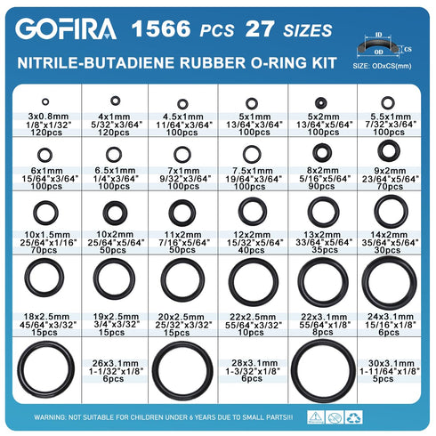 1566Pcs of 27 Varieties of O-Ring Seal Kit in Nitrile Rubber Material for Automotive, Plumbing, Air & Water Fitting Seal Leak Repair