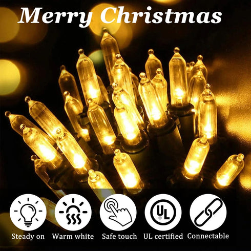 Filltown 50FT 200 Count Warm White Christmas Lights Outdoor, Incandescent Mini Christmas Lights Black Wire, Waterproof
