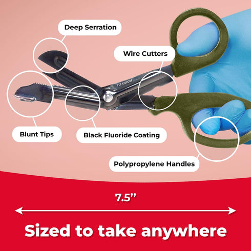 7 1/4" 2 Pack Ever Ready First Aid Titanium Bonded Bandage Shears Bent - Drab Olive Green - - Autoclavable