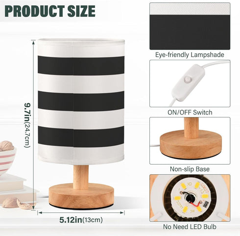 YYZZH Table Lamp Black and White Horizontal Striped Nightstand Lamp with Wood Base Fabric Lamp Shade Bedside Desk Lamp