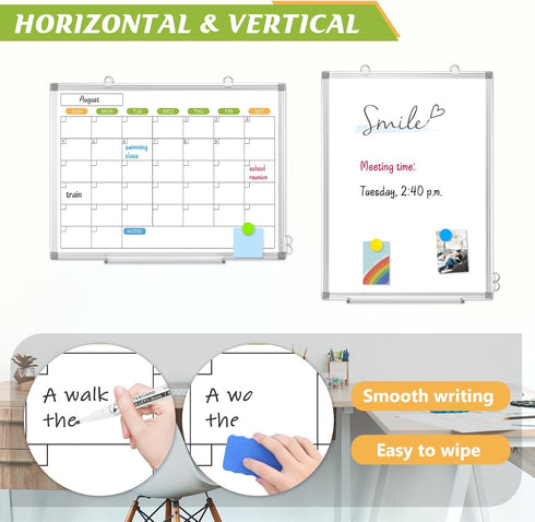 Magnetic Dry Erase Calendar Whiteboard - 24" x 18" Monthly Calendar, Wall Hanging Silver Aluminum Frame for Planning