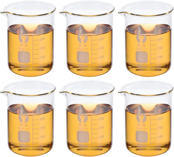 PATIKIL 250ml Low Form Glass Beaker, 6 Pack Borosilicate Glass Graduated Measuring Cups with Spout for Kitchen Lab