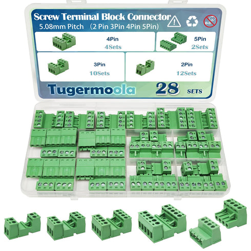 28 Sets Screw Terminal Block Connector Assortment Kit, 5.08mm Pitch PCB Connectors for 24-12AWG Cable