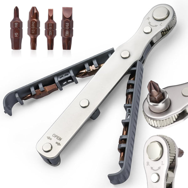 5 Pcs Mini Ratchet Wrench Set, 1/4 Inch Drive, High Torque Offset Reversible Screwdriver for Tight Spaces