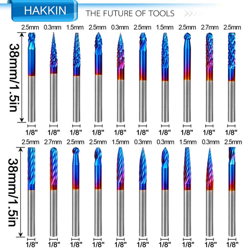 20 Set, 1/8" Hakkin Pcs Carbide Rotary Burrs End Mill CNC Router Bit, Shank Nano Blue Coating Ball Nose End Mill