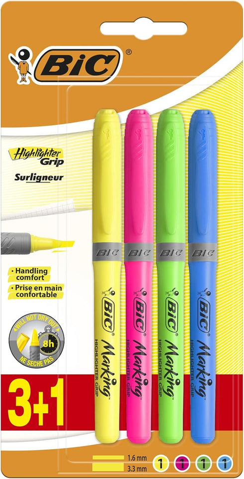 BIC Grip Highlighters - Yellow/Blue/Green/Pink (Pack of 4)