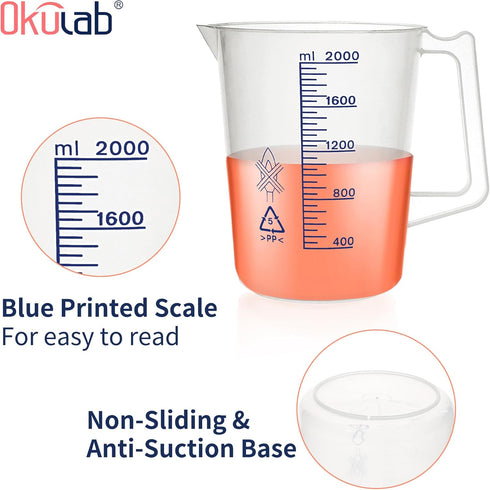 Plastic Beaker Set, 2000ml Measuring Beakers with Handle and Spout, Blue Printed Scales