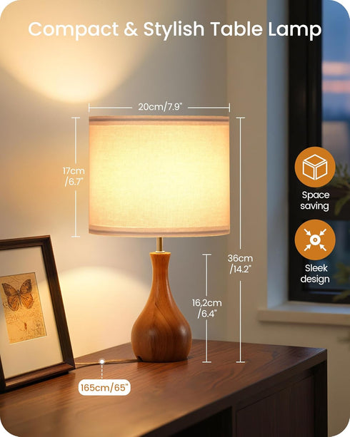 E26 LW09TL05 Small Table Lamp, Wood Bedside Lamp with White Linen Lampshade & Dark Wood Base, Mid Century Modern