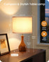 E26 LW09TL05 Small Table Lamp, Wood Bedside Lamp with White Linen Lampshade & Dark Wood Base, Mid Century Modern