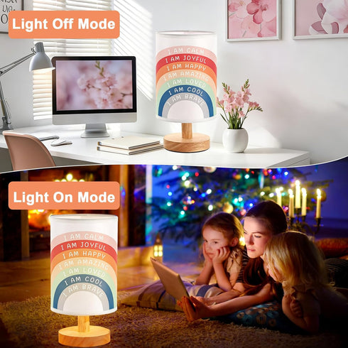 Lonfliness Boho Kids Table Lamp Rainbow Bedside Lamp Bedroom LED Night Light with Linen Wooden Nightstand Cartoon