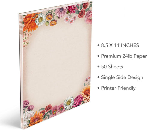 8.5 11 Inches, 50 Set Flower Paper Stationery, Vintage Floral Letterhead Paper x Sheets, Elegant Writing Paper, Pretty