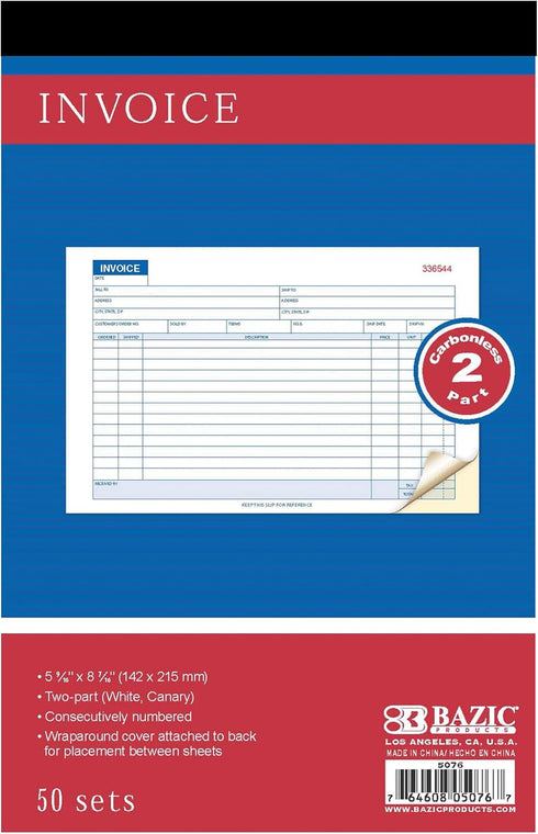 BAZIC Invoice Book - 50 Sets 5 9/16" x 8 7/16" 2-Part Carbonless, White & Bound Cover