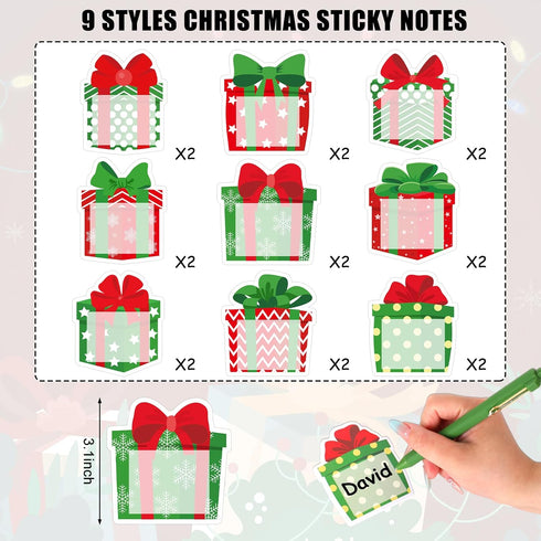 Whaline Christmas Sticky Note Notepad, 9 Designs Gift Box Memo Pad for Xmas Winter Office Classroom Supplies