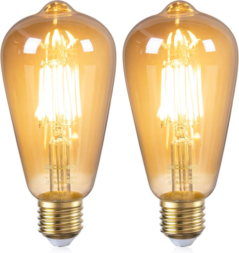 DiCUNO E26 Edison Bulbs, 60W, 2200K Amber Warm, 6W LED ST64, Vintage Filament, 600LM, Non-Dimmable, Pack of 2