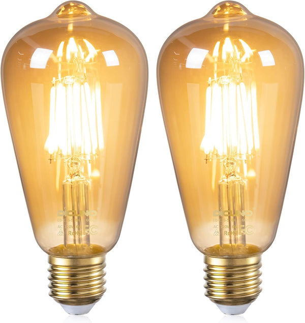 DiCUNO E26 Edison Bulbs, 60W, 2200K Amber Warm, 6W LED ST64, Vintage Filament, 600LM, Non-Dimmable, Pack of 2