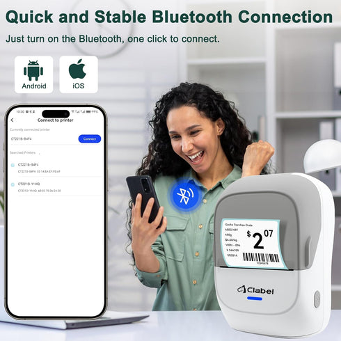 CLABEL Thermal Label Maker Machine, 221B Mini Portable Printer, Bluetooth Label Printer for Price Logo Clothing