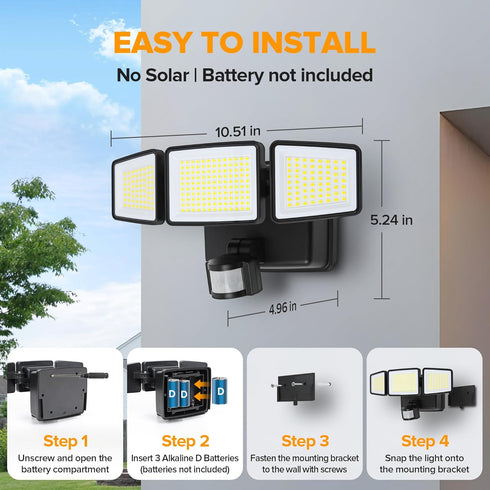 302 1800LM, IP65 3 3 UME Battery Powered Motion Sensor Outdoor Lights LED Waterproof Battery Operated Flood Lights