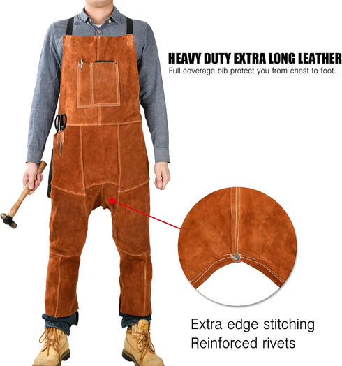 QeeLink Leather Welding Apron Split Leg for Men - Spark Flame Heat Resistant Bib Protective Chaps - Heavy Duty Cowhide