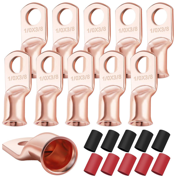 XHF 10PCS 1/0 AWG-3/8" Heavy Duty Battery Lugs with 3:1 Heat Shrink Tubing, Copper Eyelets Electrical Connectors