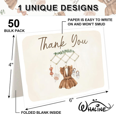 50 Pack Whaline Baby Shower Thank You Cards Boxed Vintage Khaki Cloth Note Card with Envelopes Stickers Greeting Blank