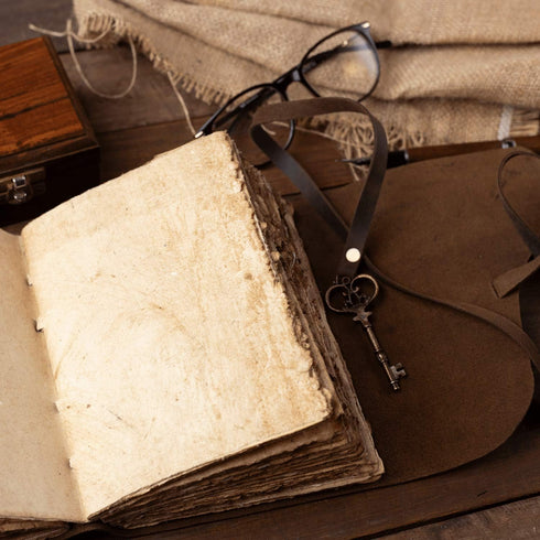 Vintage Leather Journal - Antique Handmade Deckle Edge Leather Bound Sketchbook, 9"x6"