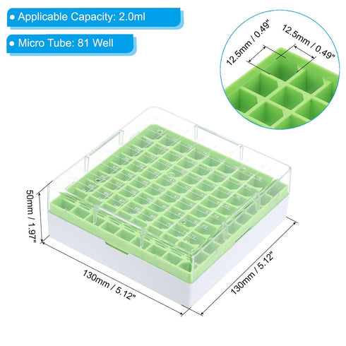 PATIKIL 81 Well Polycarbonate Freezer Boxes, 1 Pcs Polycarbonate Tube Rack for 2.0ML Tubes Vials Samples, Green