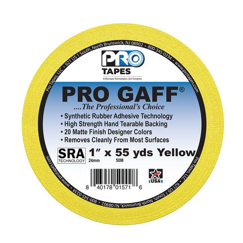 ProTapes Pro Gaff Premium Matte Cloth Gaffer's Tape, 1" Width, 55 yds Length, 11 mils Thick, Yellow (Pack of 1)