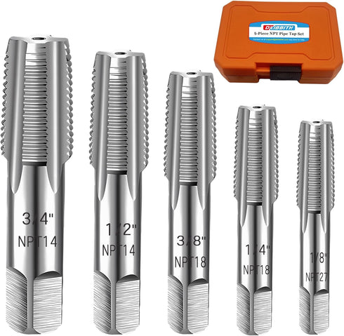 5-Piece NPT Pipe Tap Set, 1/8", 1/4", 3/8", 1/2", 3/4", Carbon Steel Hand Threading Plumbing Tools
