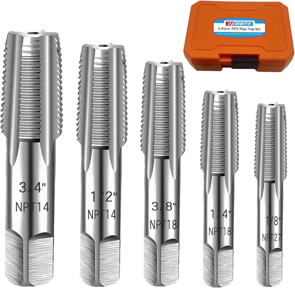 5-Piece NPT Pipe Tap Set, 1/8", 1/4", 3/8", 1/2", 3/4", Carbon Steel Hand Threading Plumbing Tools