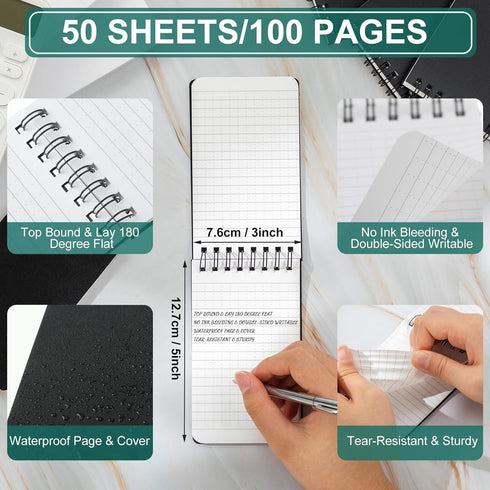 Qilery 12 Pcs Waterproof Notebook Graph Paper 3" x 5" All Weather Pocket Notepads Police Notepad Spiral Notebook Steno Pads Memo Grid Lines Pads Journal for Office School (Black) by Qilery