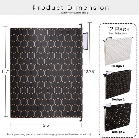 Y YOMA 12 Pack Decorative Hanging File Folders, Letter Size, Rose Gold, 1/5-Cut Adjustable Tabs, 3 Black Foil Design