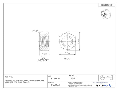 Small Parts 5, B18.2.2, 1/2"-13 3/4" 7/16" (Pack 25) Steel Hex Nut, Black Oxide Finish, Grade ASME Thread Size, Width