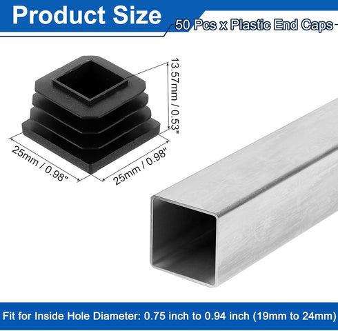 1" (25mm) 50 uxcell Square Tubing End Caps, Pcs Plastic Hole Plugs Insert End Cap for Metal Tubing Post Chair Leg Table