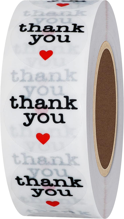 Hybsk Thank You Stickers with Black Heart, 1 Inch Round, 1,000 Adhesive Labels