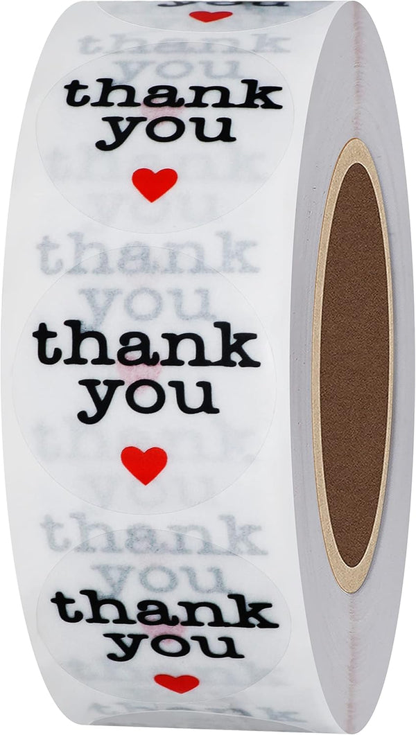 Hybsk Thank You Stickers with Black Heart, 1 Inch Round, 1,000 Adhesive Labels