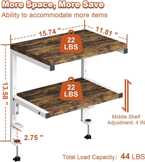 Clamp on Desk Organizer Shelf, Heavy-Duty 2-Tier Adjustable Storage for Desktop Accessories, Gaming Devices, White